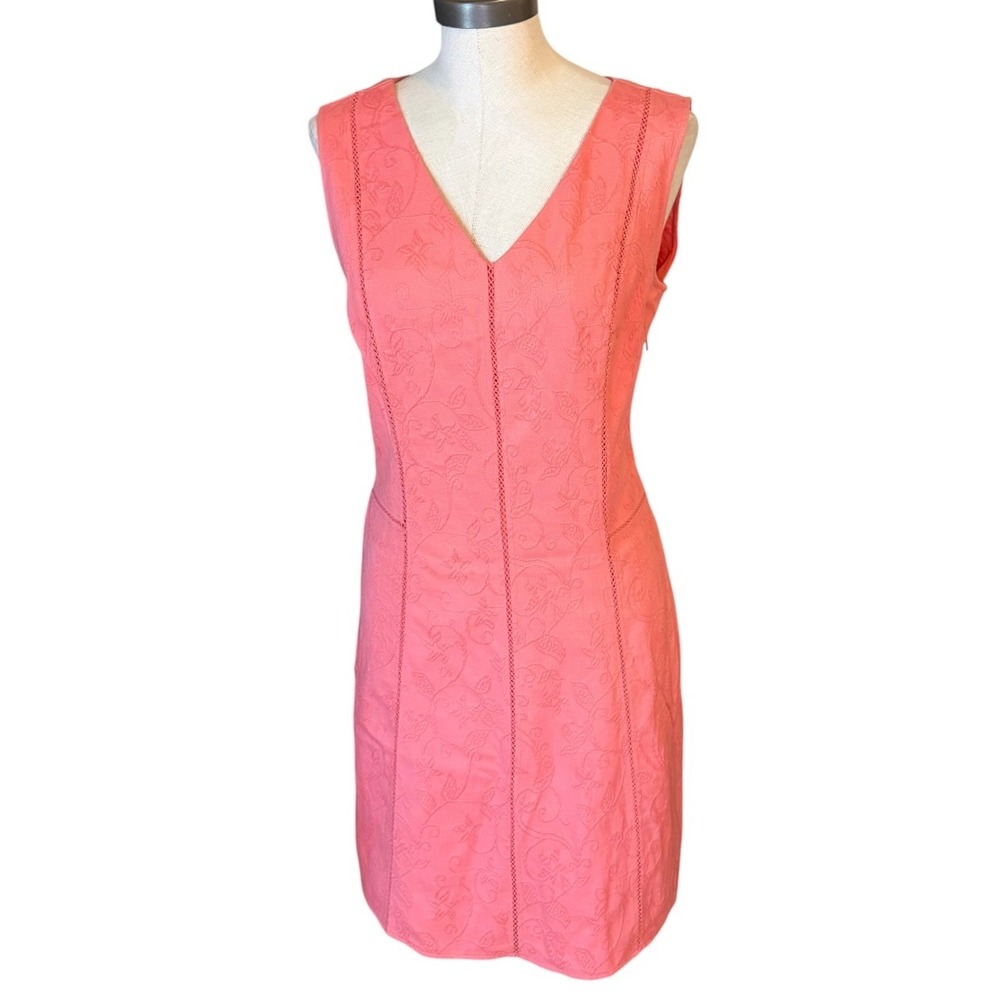 Sundance Coral Pink Floral Jacquard V-Neck Sleeveless Dress Ladder Lace Size 10